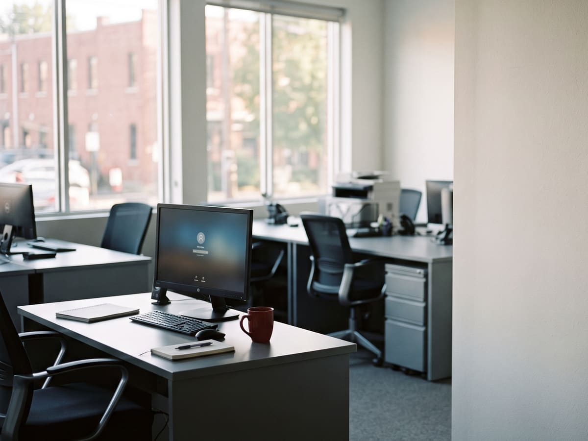 An empty small-business office in early morning light, with one monitor switched on.