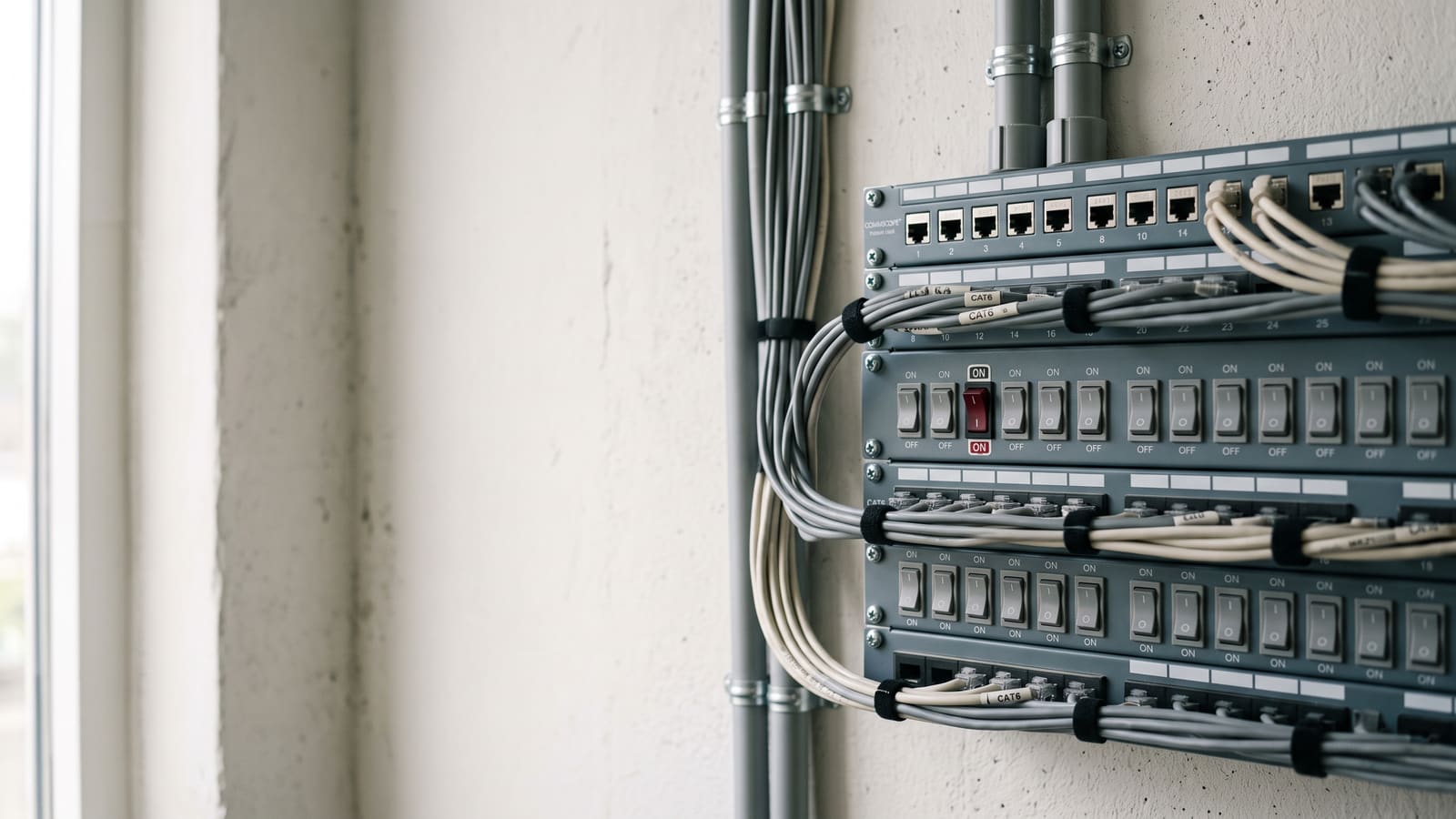 A wall-mounted network panel of uniform grey switches with a single switch flipped to red.