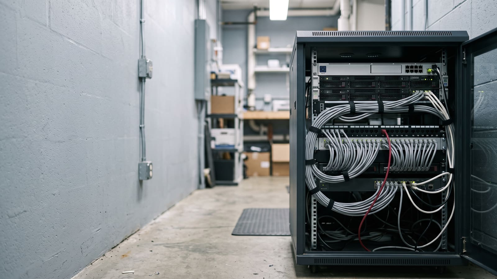 A small business server cabinet with neatly bundled network cabling and a single red patch cable.